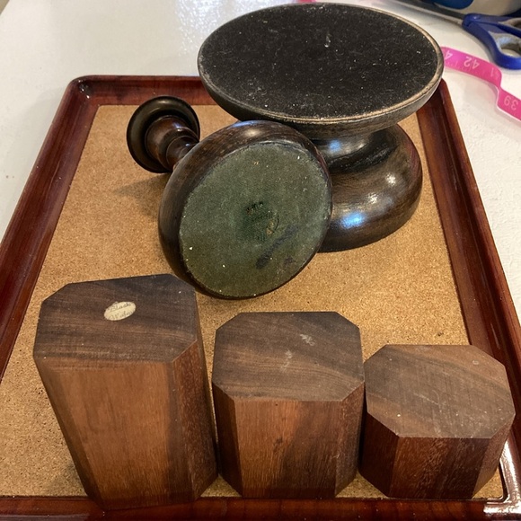 Set/5 Dark Candle Holders 3 Dark Walnut Stacking, 2 Hand Turned Candles decor - Picture 4 of 16